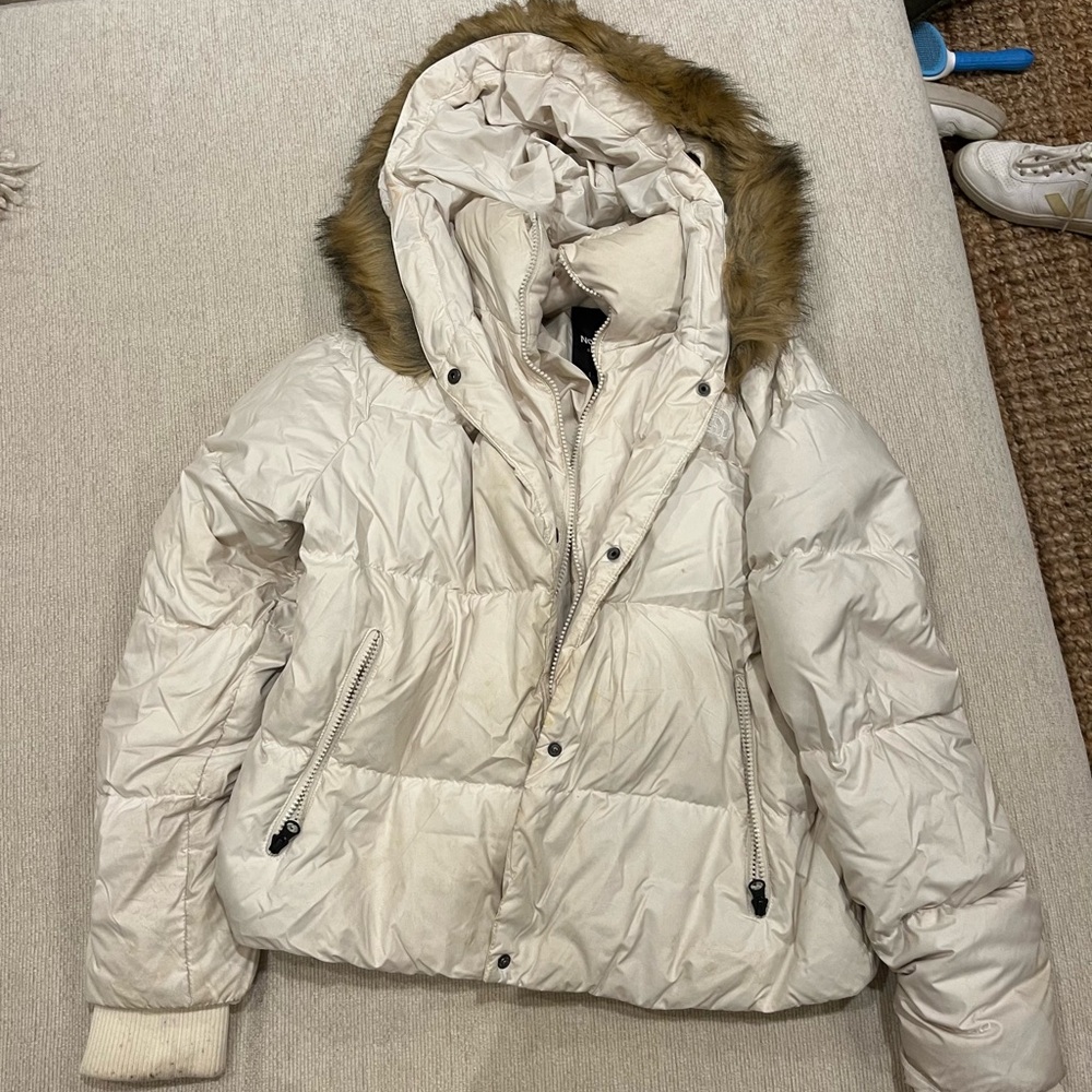 The North Face Cream Puffer Jacket with Faux Fur Trim